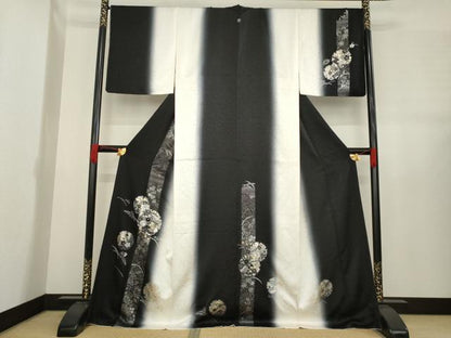 平和屋着物●訪問着　駒刺繍　雪輪花文　暈し染め　金銀彩　ロング丈　正絹　逸品　AABE2040ck
