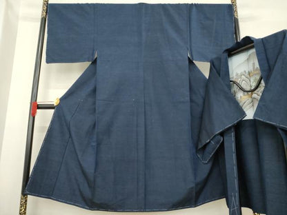 平和屋着物●男性　紬　アンサンブル　色無地　藍鉄色　正絹　逸品　AABE2047ck