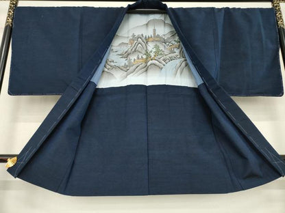 平和屋着物●男性　紬　アンサンブル　色無地　藍鉄色　正絹　逸品　AABE2047ck