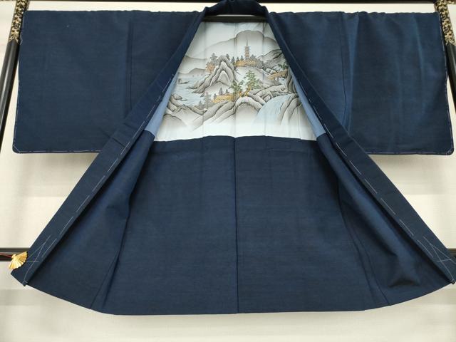 平和屋着物●男性　紬　アンサンブル　色無地　藍鉄色　正絹　逸品　AABE2047ck