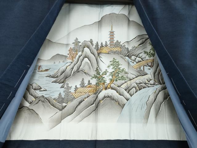 平和屋着物●男性　紬　アンサンブル　色無地　藍鉄色　正絹　逸品　AABE2047ck