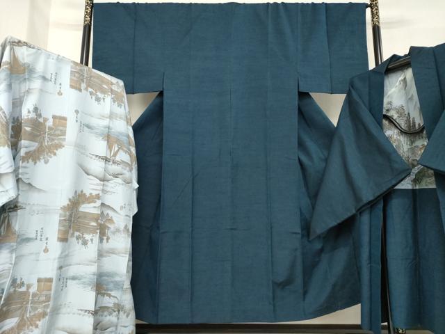 平和屋着物●男性 紬 アンサンブル 長襦袢(袷)セット 褐返し色 正絹 逸品 AABE2075ck