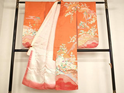 平和屋着物[]七五三　女の子　７歳　祝着　四つ身　飛鶴花文　金彩　AABE2086ja
