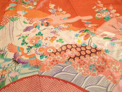 平和屋着物[]七五三　女の子　７歳　祝着　四つ身　飛鶴花文　金彩　AABE2086ja