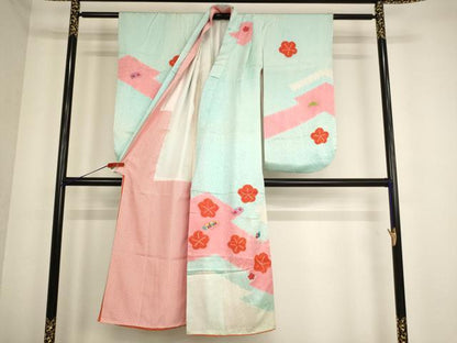 平和屋着物[]七五三　女の子　７歳　祝着　四つ身　絞り　刺繍　宝尽くし舞梅文　金糸　逸品　AABE2095ja