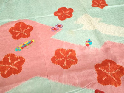 平和屋着物[]七五三　女の子　７歳　祝着　四つ身　絞り　刺繍　宝尽くし舞梅文　金糸　逸品　AABE2095ja