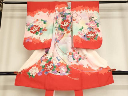平和屋着物[]七五三　女の子　３歳　祝着　一つ身　短冊花文　暈し染め　金銀彩　逸品　AABE2099ja