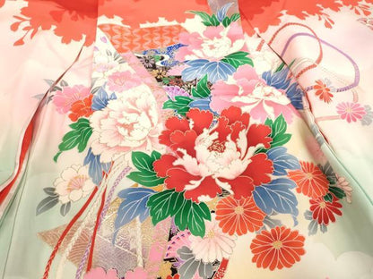 平和屋着物[]七五三　女の子　３歳　祝着　一つ身　短冊花文　暈し染め　金銀彩　逸品　AABE2099ja