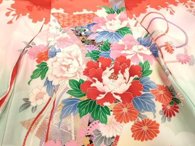 平和屋着物[]七五三　女の子　３歳　祝着　一つ身　短冊花文　暈し染め　金銀彩　逸品　AABE2099ja