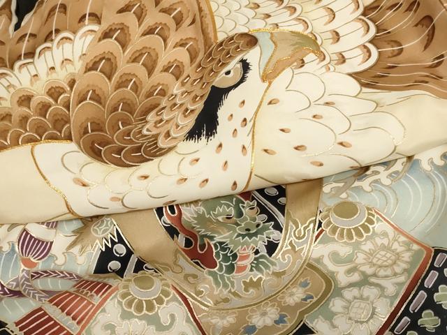 平和屋着物[]七五三　男の子　祝着・行灯袴セット　駒刺繍　鷹　武具　松　金彩　逸品　AABE2105ja
