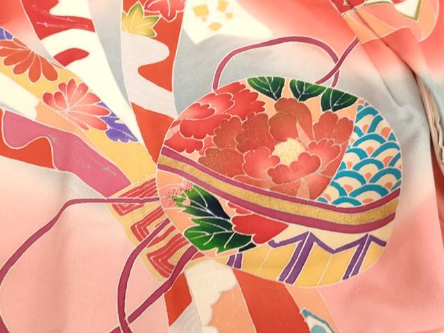 平和屋着物[]七五三　女の子　３歳　祝着　一つ身　友禅　束ね熨斗花手毬文　暈し染め　金彩　逸品　AABE2112ja