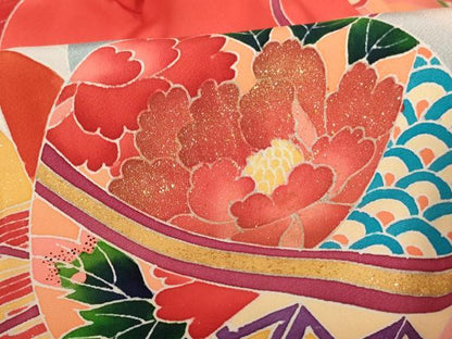 平和屋着物[]七五三　女の子　３歳　祝着　一つ身　友禅　束ね熨斗花手毬文　暈し染め　金彩　逸品　AABE2112ja