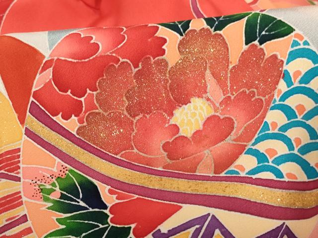 平和屋着物[]七五三　女の子　３歳　祝着　一つ身　友禅　束ね熨斗花手毬文　暈し染め　金彩　逸品　AABE2112ja