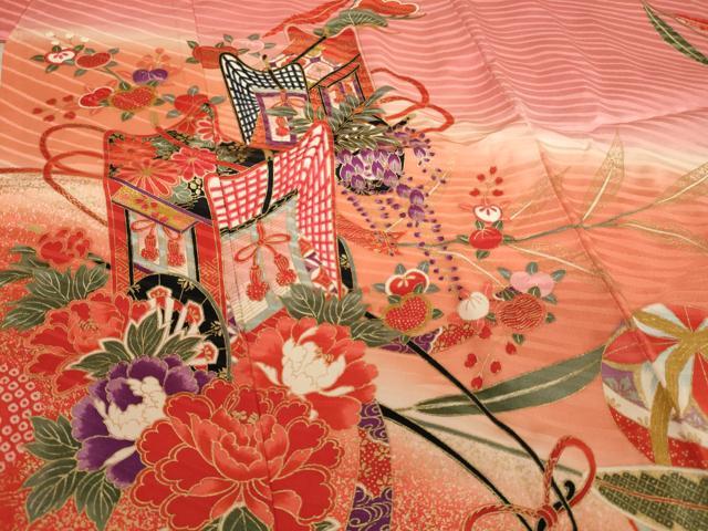 平和屋着物[]七五三　女の子　７歳　祝着　御所車花文　暈し染め　金彩　逸品　AABE2113ja