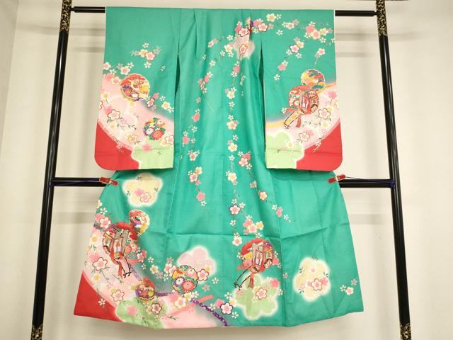 平和屋着物[]七五三　女の子　７歳　祝着　雪輪御所車枝垂れ桜文　暈し染め　金彩　逸品　AABE2116ja