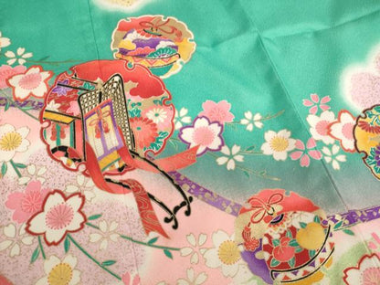 平和屋着物[]七五三　女の子　７歳　祝着　雪輪御所車枝垂れ桜文　暈し染め　金彩　逸品　AABE2116ja