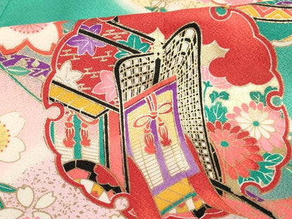 平和屋着物[]七五三　女の子　７歳　祝着　雪輪御所車枝垂れ桜文　暈し染め　金彩　逸品　AABE2116ja