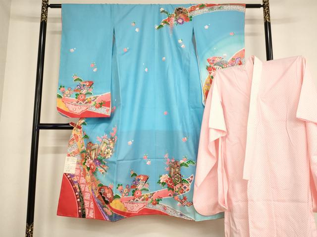 平和屋着物[]七五三　女の子　７歳　祝着　四つ身　長襦袢(単衣)セット　御所車花文　暈し染め　金彩　AABE2117ja