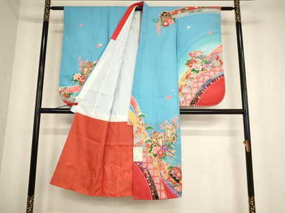 平和屋着物[]七五三　女の子　７歳　祝着　四つ身　長襦袢(単衣)セット　御所車花文　暈し染め　金彩　AABE2117ja