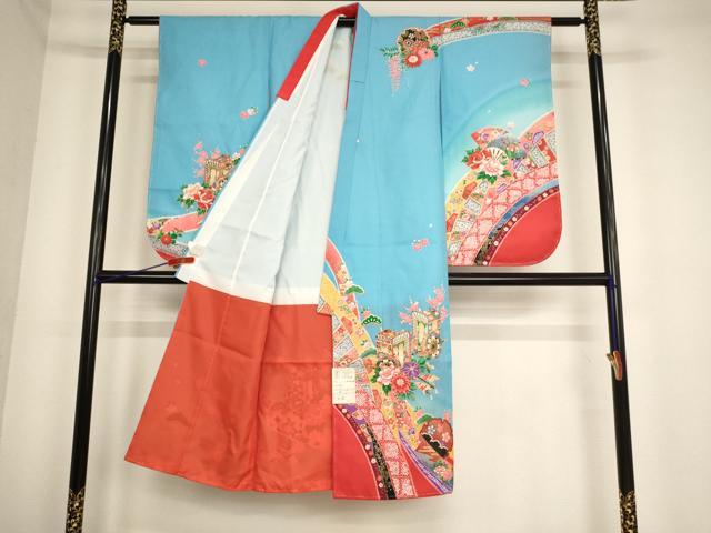 平和屋着物[]七五三　女の子　７歳　祝着　四つ身　長襦袢(単衣)セット　御所車花文　暈し染め　金彩　AABE2117ja