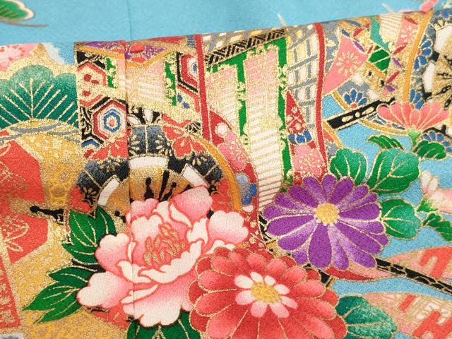 平和屋着物[]七五三　女の子　７歳　祝着　四つ身　長襦袢(単衣)セット　御所車花文　暈し染め　金彩　AABE2117ja