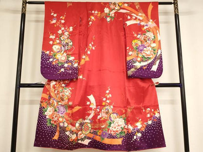 平和屋着物[]七五三　女の子　７歳　祝着　四つ身　花鳥鼓文　金彩　AABE2118ja