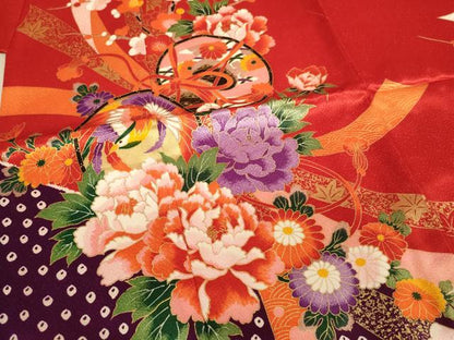 平和屋着物[]七五三　女の子　７歳　祝着　四つ身　花鳥鼓文　金彩　AABE2118ja