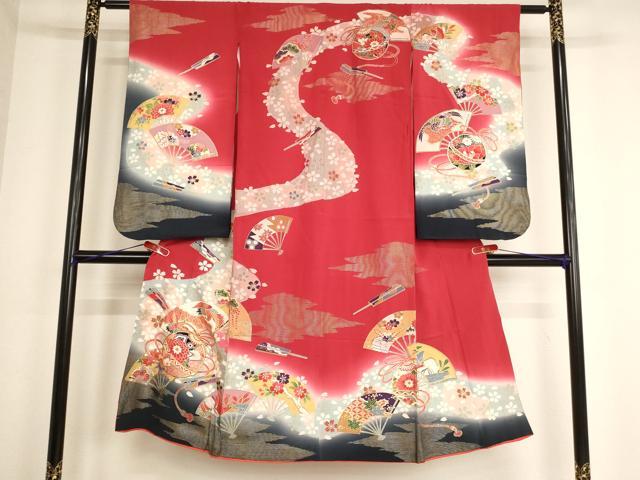 平和屋着物[]七五三　女の子　７歳　祝着　四つ身　駒刺繍　鈴　扇面花鳥文　暈し染め　金銀彩　逸品　AABE2121ja