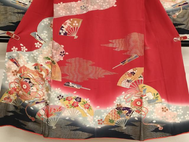 平和屋着物[]七五三　女の子　７歳　祝着　四つ身　駒刺繍　鈴　扇面花鳥文　暈し染め　金銀彩　逸品　AABE2121ja