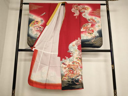 平和屋着物[]七五三　女の子　７歳　祝着　四つ身　駒刺繍　鈴　扇面花鳥文　暈し染め　金銀彩　逸品　AABE2121ja