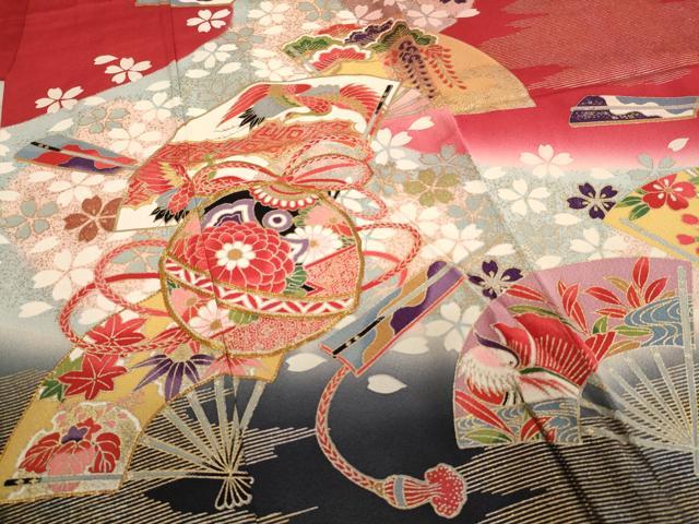 平和屋着物[]七五三　女の子　７歳　祝着　四つ身　駒刺繍　鈴　扇面花鳥文　暈し染め　金銀彩　逸品　AABE2121ja