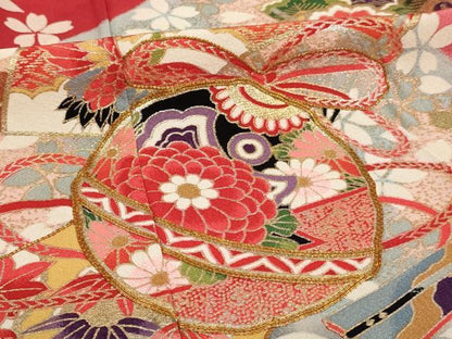 平和屋着物[]七五三　女の子　７歳　祝着　四つ身　駒刺繍　鈴　扇面花鳥文　暈し染め　金銀彩　逸品　AABE2121ja