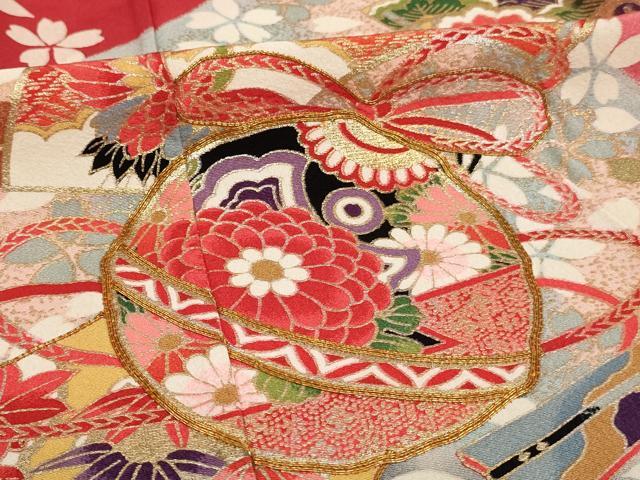 平和屋着物[]七五三　女の子　７歳　祝着　四つ身　駒刺繍　鈴　扇面花鳥文　暈し染め　金銀彩　逸品　AABE2121ja