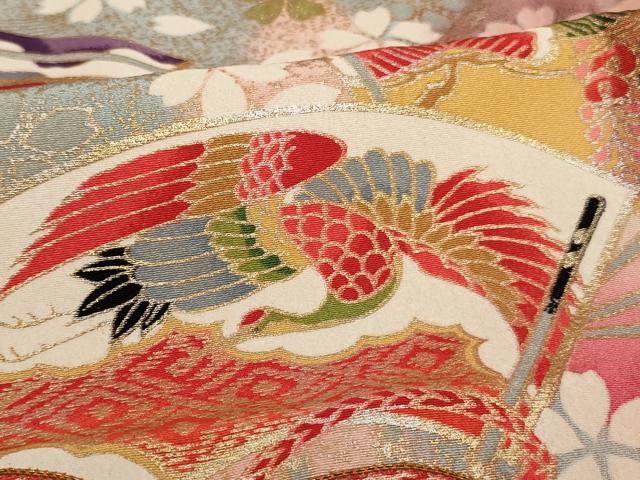 平和屋着物[]七五三　女の子　７歳　祝着　四つ身　駒刺繍　鈴　扇面花鳥文　暈し染め　金銀彩　逸品　AABE2121ja