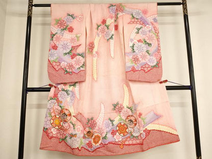 平和屋着物[]七五三　女の子　７歳　祝着　四つ身　駒刺繍　花鼓文　金彩　AABE2122ja