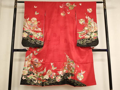 平和屋着物[]七五三　女の子　７歳　祝着　四つ身　花蝶鼓文　金銀彩　逸品　AABE2123ja