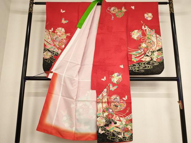 平和屋着物[]七五三　女の子　７歳　祝着　四つ身　花蝶鼓文　金銀彩　逸品　AABE2123ja