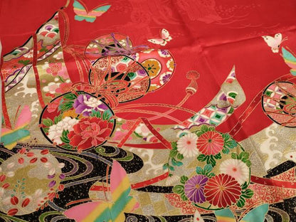 平和屋着物[]七五三　女の子　７歳　祝着　四つ身　花蝶鼓文　金銀彩　逸品　AABE2123ja