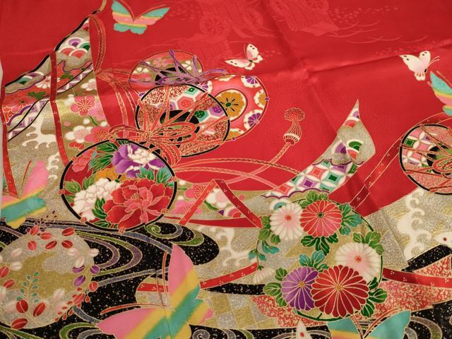 平和屋着物[]七五三　女の子　７歳　祝着　四つ身　花蝶鼓文　金銀彩　逸品　AABE2123ja