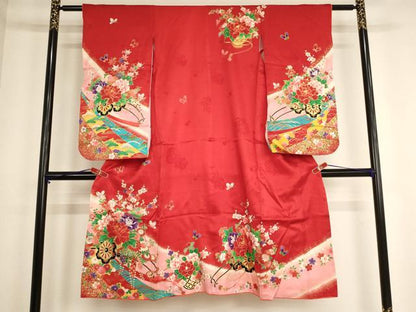 平和屋着物[]七五三　女の子　７歳　祝着　四つ身　花車文　暈し染め　金彩　逸品　AABE2124ja