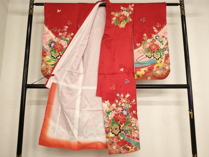 平和屋着物[]七五三　女の子　７歳　祝着　四つ身　花車文　暈し染め　金彩　逸品　AABE2124ja