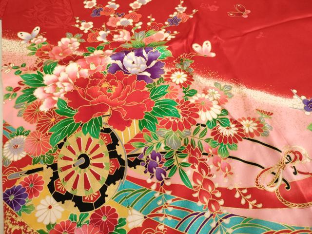 平和屋着物[]七五三　女の子　７歳　祝着　四つ身　花車文　暈し染め　金彩　逸品　AABE2124ja