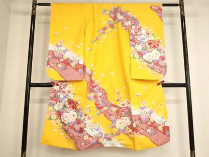 平和屋着物[]七五三　女の子　７歳　祝着　四つ身　花手毬文　暈し染め　金彩　逸品　AABE2125ja