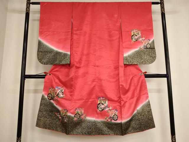平和屋着物[]七五三　女の子　７歳　祝着　四つ身　駒刺繍　御所車花文　暈し染め　金銀彩　AABE2126ja