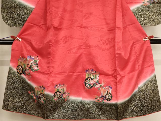 平和屋着物[]七五三　女の子　７歳　祝着　四つ身　駒刺繍　御所車花文　暈し染め　金銀彩　AABE2126ja