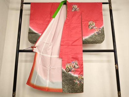 平和屋着物[]七五三　女の子　７歳　祝着　四つ身　駒刺繍　御所車花文　暈し染め　金銀彩　AABE2126ja