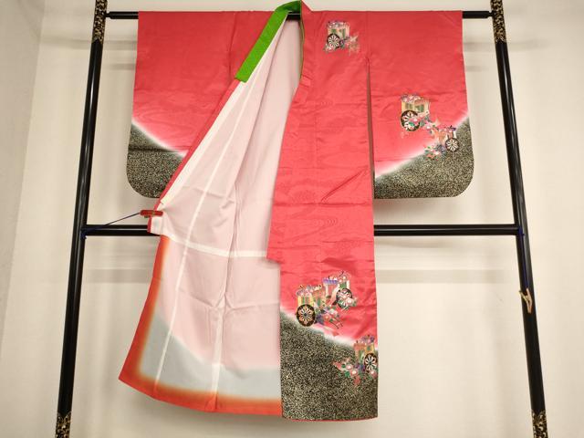 平和屋着物[]七五三　女の子　７歳　祝着　四つ身　駒刺繍　御所車花文　暈し染め　金銀彩　AABE2126ja