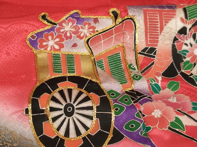 平和屋着物[]七五三　女の子　７歳　祝着　四つ身　駒刺繍　御所車花文　暈し染め　金銀彩　AABE2126ja