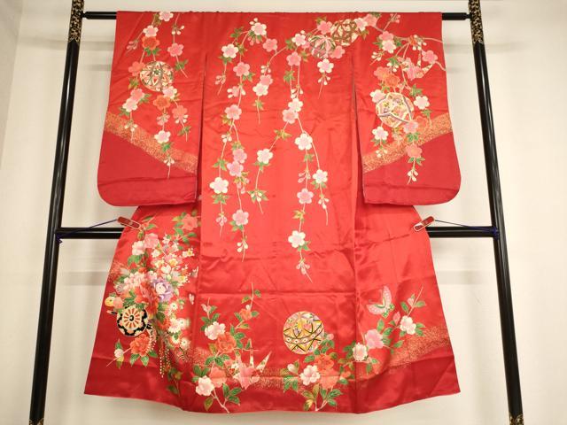 平和屋着物[]七五三　女の子　７歳　祝着　四つ身　枝垂れ桜花車文　金彩　AABE2128ja
