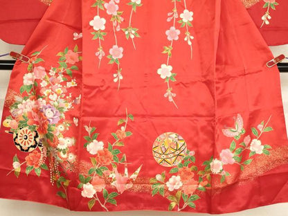 平和屋着物[]七五三　女の子　７歳　祝着　四つ身　枝垂れ桜花車文　金彩　AABE2128ja